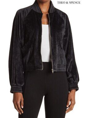 THEO & SPENCE WOMEN NWT FULL ZIP TEXTURED VELOUR BLACK BOMBER JACKET. SIZE M